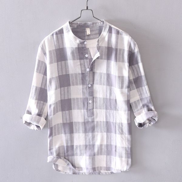 

2020 men casual plaid 7 points half-sleeve shirt shirt youth stand collar comfortable breathable, White;black