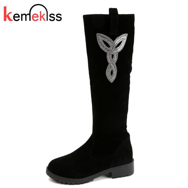 

kemekiss women knee high boots side zipper shoes women square heels round toe fur shoes bling crystal footwear size 35-40, Black