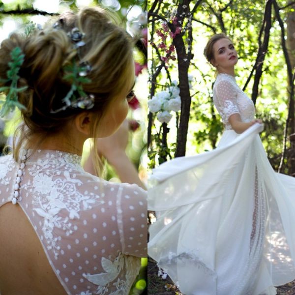 Discount Country A Line Wedding Dresses High Neck Short Sleeve