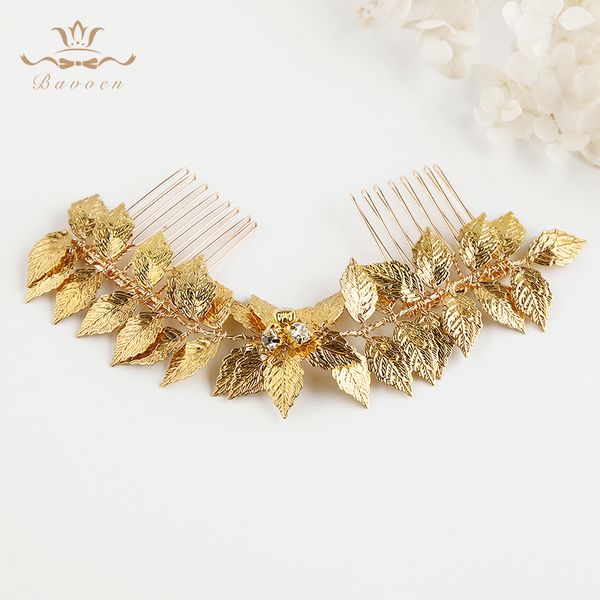 

fashion handmade wedding hair accessories gold leaves brides hair combs crystal bridal hairbands evening hair accessories t190628, Golden;white