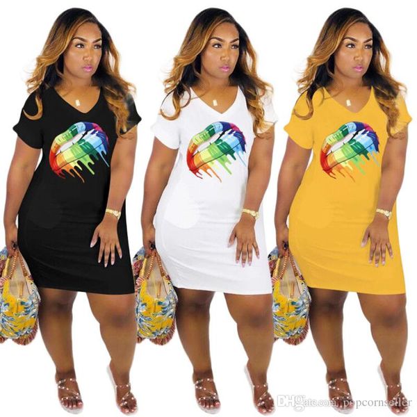 

designer woman summer dresses style cute v neck rainbow lip dresses womens summer clothing, Black;gray