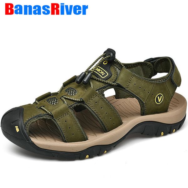 

leather men's shoes summer sandals fashion outdoor beach outdoor walking flats moccasins sneakers slippers big size 48 y200702, Black