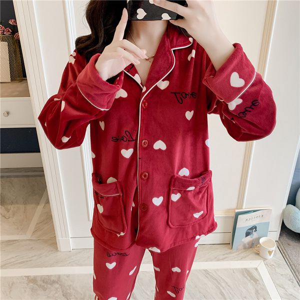 

smmoloa new winter women flannel pajamas set coral fleece warm pyjamas, Black;red