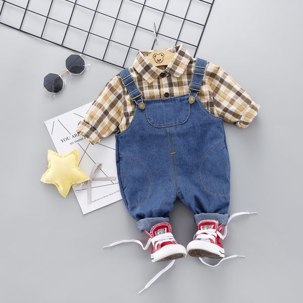 

2019 spring baby girl boy clothing sets infant clothes suits lapel plaid shirt leisure work bib pants 2pcs kid children costume, White