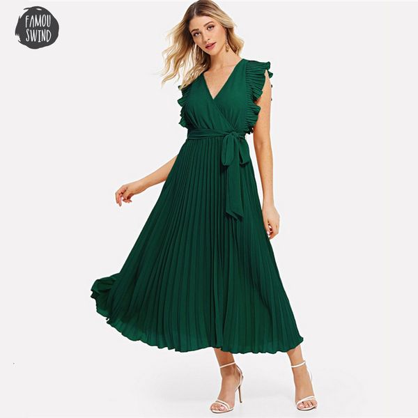 

summer dresses green v neck ruffle trim long dress elegant sleeveless cap sleeve women 2019 ladies a line pleated wrap, Black;gray