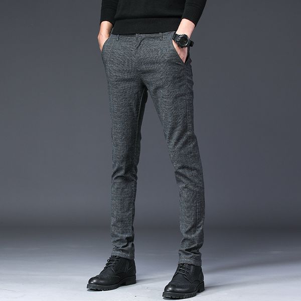 

2019 new cotton men pants straight black gray long lattice male business casual trousers man full length mid