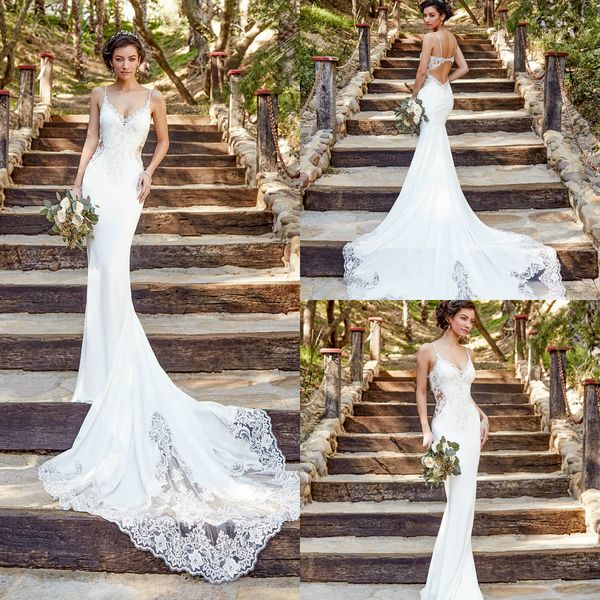 

kitty chen mermaid wedding dresses 2019 lace spaghetti backless appliqued boho wedding dress sweep train country bridal gowns garden, White