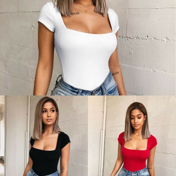 

2019 new style solid women ladies short sleeve bodysuit stretch casual skinny body playsuit, Black;white
