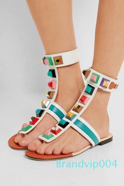 

mbellished gladiator sandals thong strap colorful stone shoes lady buckle-strap pyramid studs and faceted jewels flat sandal, Black