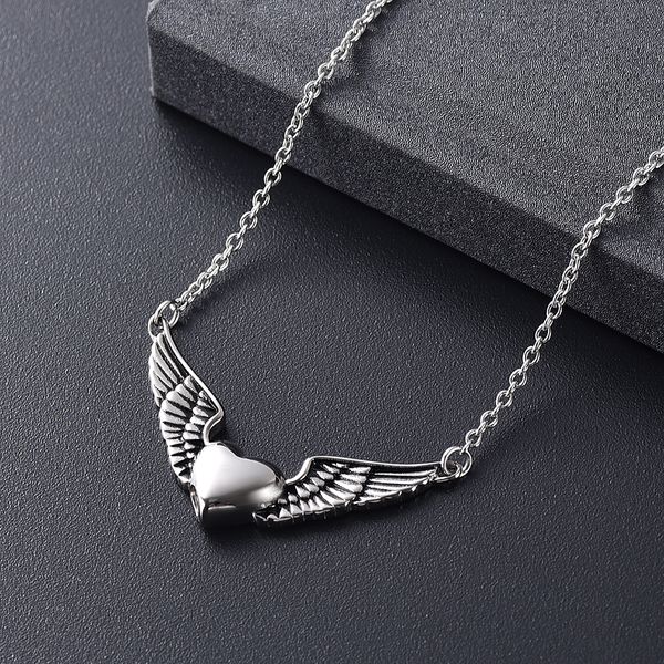 

ijd11730 angel wing hold heart cremation urn necklace for women keepsake memorial locket pendant hold ashes of loved ones, Silver