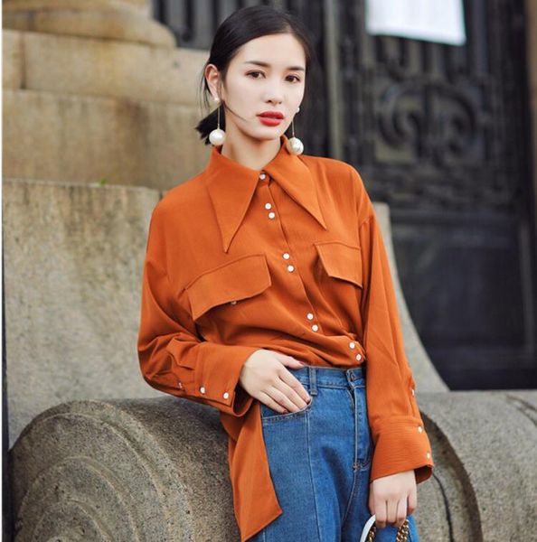 

woman shirts loose style point collar, White