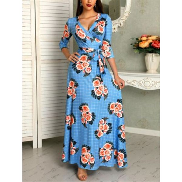 

ladies long sleeve floral printed boho dresses autumn spring v-neck dress for women party bodycon long maxi dress with belt, Black;gray