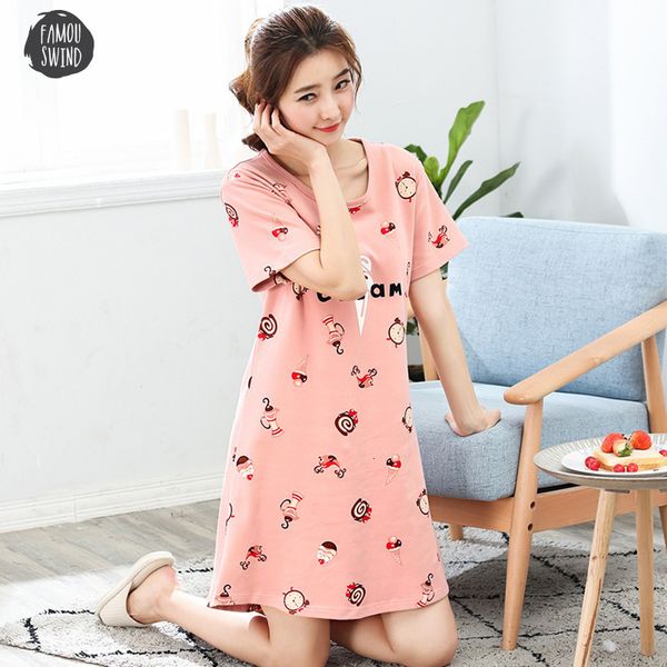 

cotton new sleepwear nightgown women sweet nightwear lounge cute nightdress summer home dress casual girl sleepshirts shirt, Black;red
