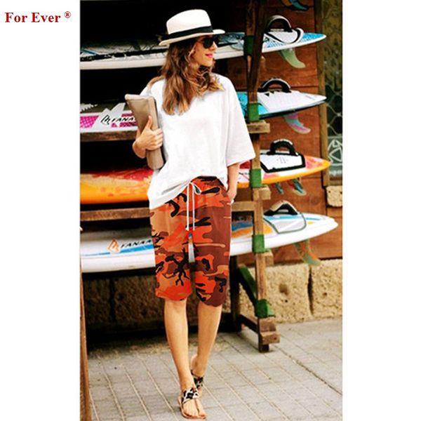 

2019 women's shorts camouflage beach high waist leisure five-point trousers 7 colors, White;black