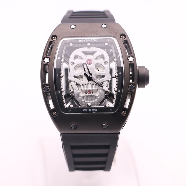 

boyuheng transparent movement white skull head dial quartz tonneau case shape mens watches 43mm watch rubber band two hands wristwatches, Slivery;brown