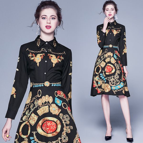 

2020 runway elegant floral black dress women long sleeve lapel neck party prom ladies button shirt dress casual office designer dresses, Black;gray