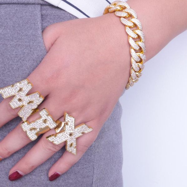 Neuankömmling Gold Iced Out Diamant Englische Buchstaben Ring Bands Liebhaber Verstellbare Offene Manschette Fingerringe Geburtstag Schmuck Geschenke für Männer Frauen