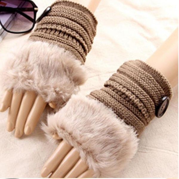 

леди теплое мода трикотажные искусственного меха митенки кнопки наручные мягкие теплые шерстяные перчатки вязание, Blue;gray