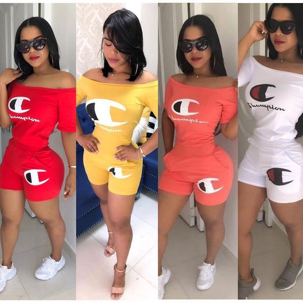 

женщины чемпионы письмо шорты спортивный костюм с коротким рукавом плоские с плеча футболка + шорты 2 шт экипировка спортивная одежда s-2xl, White