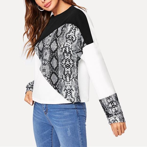 

color block snake skin sweatshirt preppy round neck long sleeve pullovers patchwork women autumn multicolor leisure sweathirt, Black