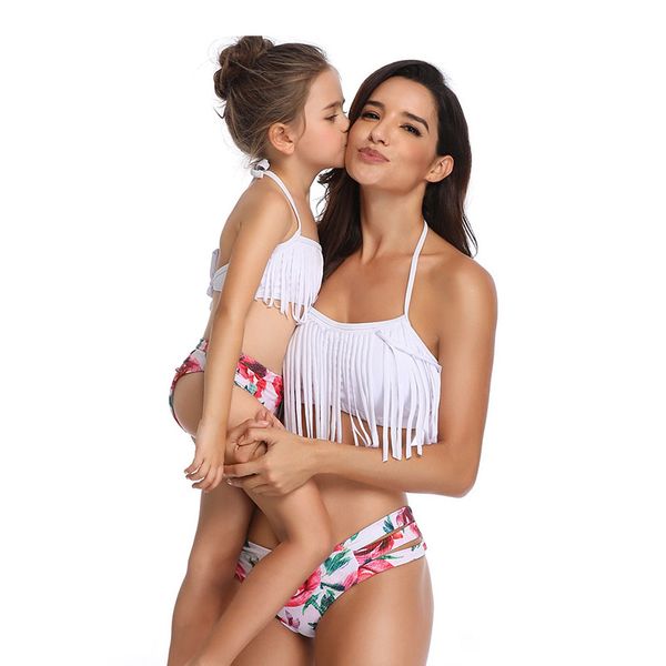 

кисточкой мама детские купальники matching костюмы мама дочь swimsuits семья look одежда середина талии цветочный лето бикини set, Blue
