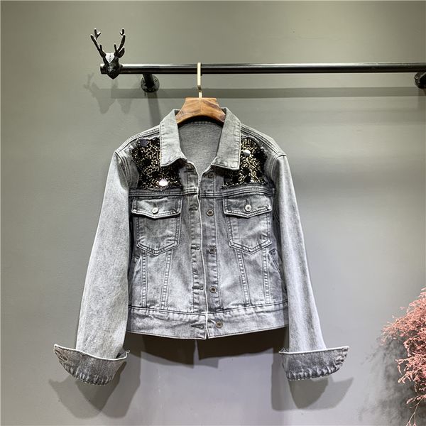 

2019 spring and autumn new versatile sequin slim grey denim jacket, Black;brown