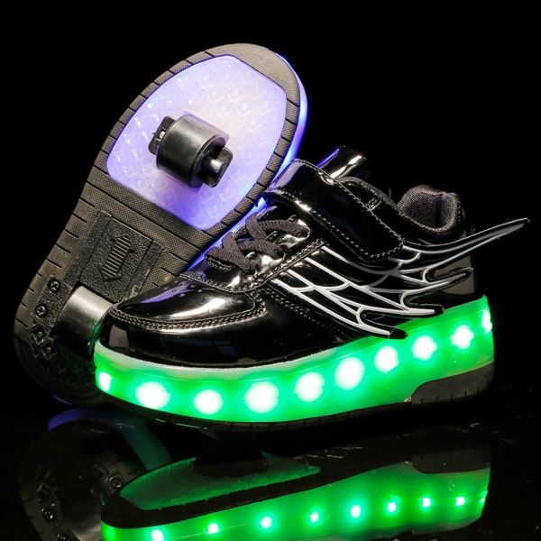 

kids light wings double wheels boy girl inine roller skates luminous shoes sneakers boots, Black