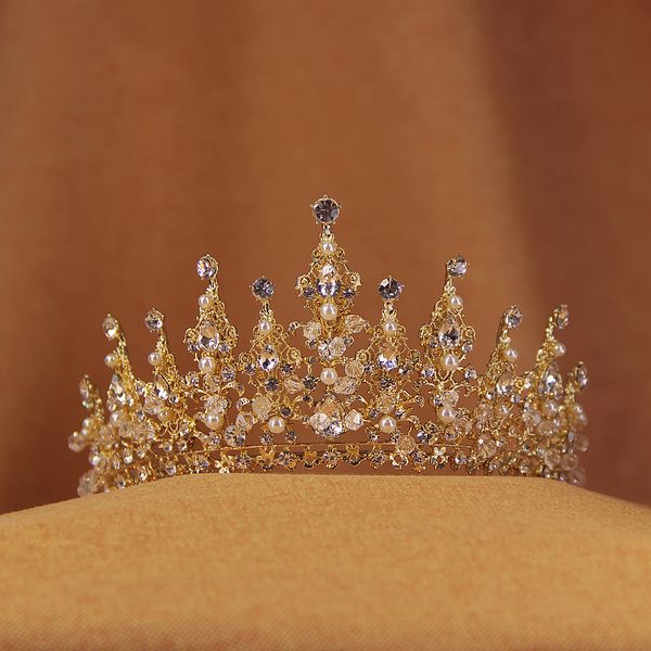

amanda novias rhinestone hair crown handmade ornament wedding head jewelry accessories crystal gold color bridal women diadem, Golden;white