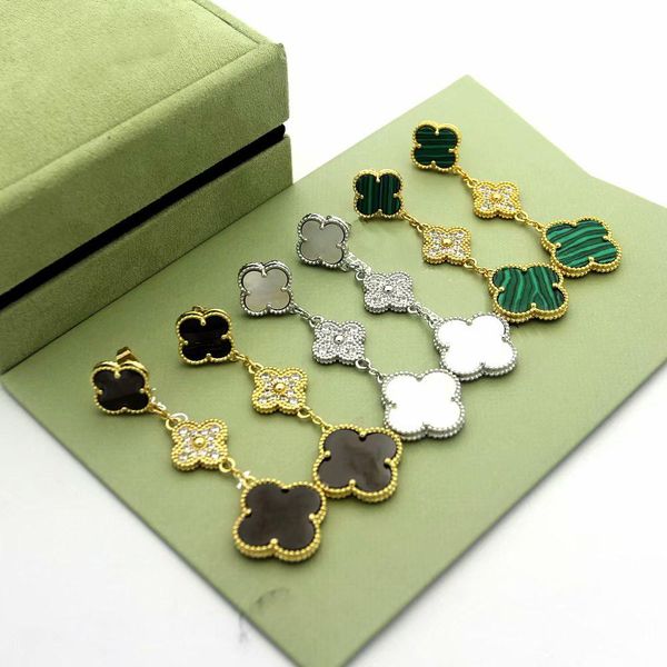 

europe america fashion lady women brass vintage tassels 3 motifs multicolor stones and diamond four leaf flower stud earrings 3 color v1, Golden;silver