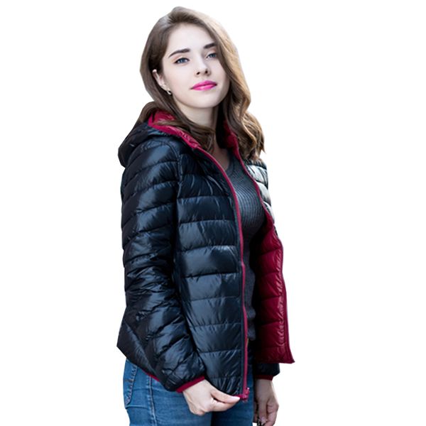 

women ultra light down jacket double side reversible jackets plus size 4xl feather jacket women with carry bag travel lp097, Black