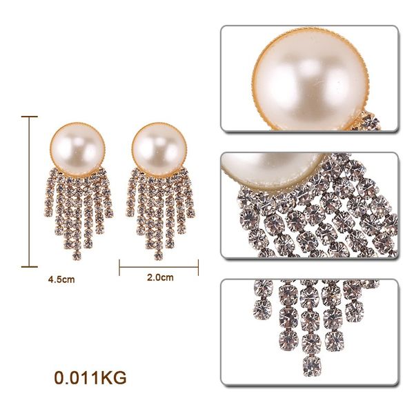 

wholesale-trendy glittering fashion luxury designer exaggerated pearl diamond rhinestone tassel stud earring for woman, Golden;silver