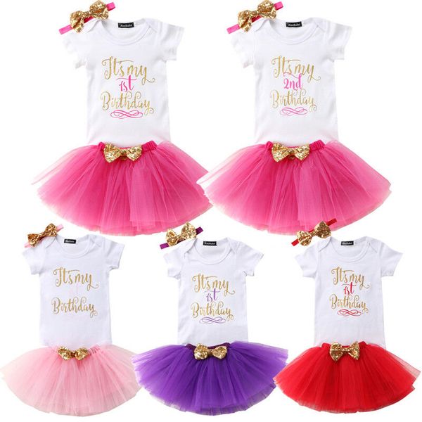 

1st/2nd birthday party 3pcs newborn infant kids baby girls outfits short sleeve bodysuits+tutu lace skirt+sequins bow headband, White
