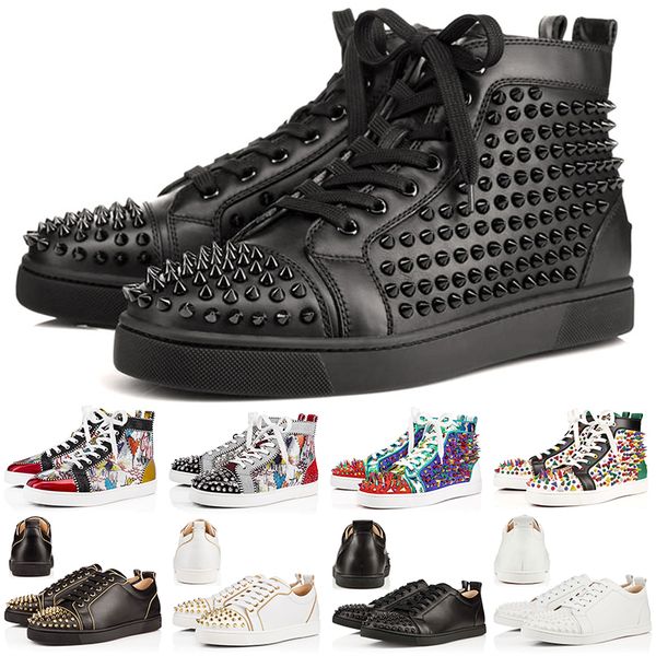 

2019 designer fashion red bottoms shoes studded spikes flat sneakers for men women glitter party lovers leather casual rivet sneaker 36-46
