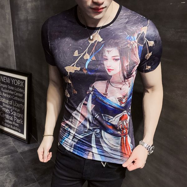 

2019 summer new social spirit guy ice silk short-sleeved t-shirt male self-cultivation trend korean half-sleeve shirt male, White;black