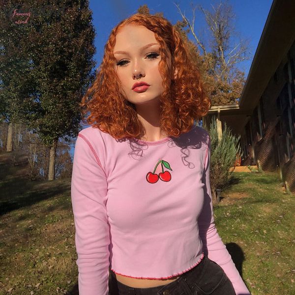

women cherry print pink tshirts cotton soft fabric cute girl long sleeve casual short slim female harajuku tees, White