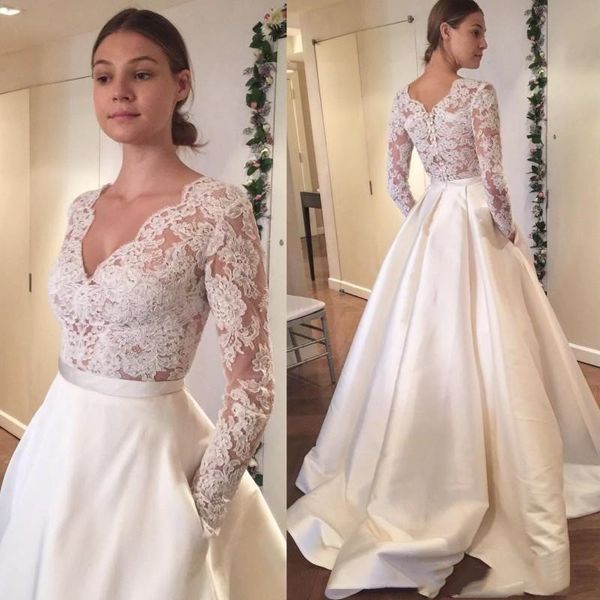 

long sleeve with pockets wedding dresses a line covered button vintage bridal gowns v-neck beach plus size wedding dresses, White