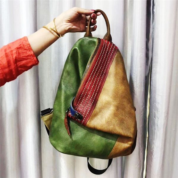 

patchwork cowhide leather backpack women handmake make old colorful luxury retro school knapsack lady anti-theft travel packsack