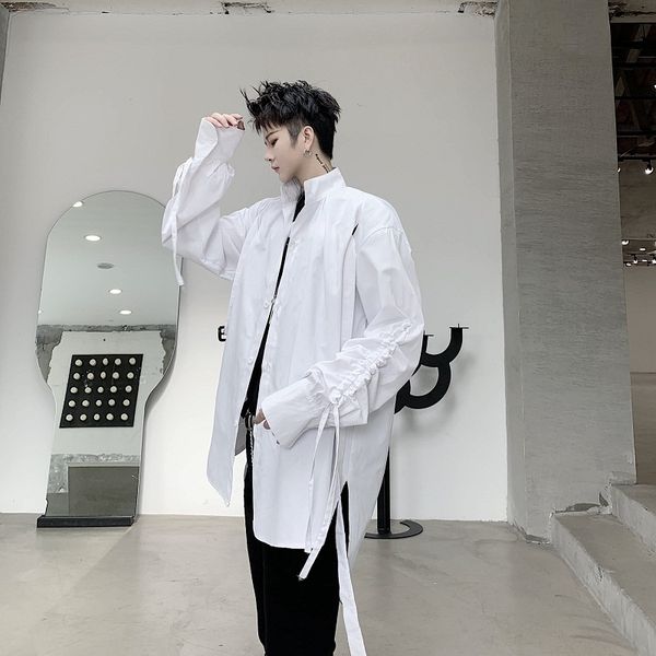 

male women streetwear hip hop loose couple shirt men ribbon stand collar long sleeve casual shirts, White;black