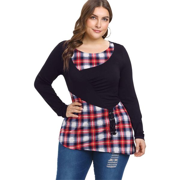 

2019 new arrivals plus size plaid women blouse long sleeves lace up spring autumn feminino blusas round neck casual shirts, White