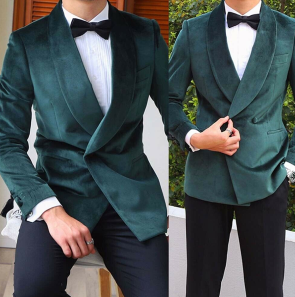 

men's suits & blazers dark green mens velvet shawl lapel traje hombre double breasted wedding business custom made suit, White;black