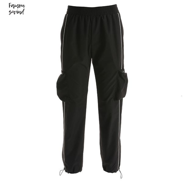 

повседневный harajuku black cargo pants женщины stripes эластичные высокой талией бегуны capris корейский sweatpants уличная брюки, Black;white