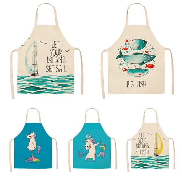 

parent-child kitchen apron sailboat unicorn fish print sleeveless cotton linen aprons for kids men women home cleaning tools