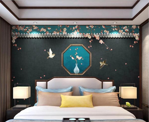 

3d wallpaper custom p murals courtyard plum flower and bird background wall decoration painting decor wall art pictures