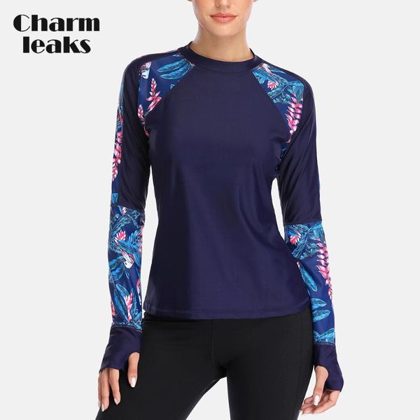 

charmleaks women long sleeve rashguard shirts swimwear floral print swimsuit diving shirt surfing rash guard upf50