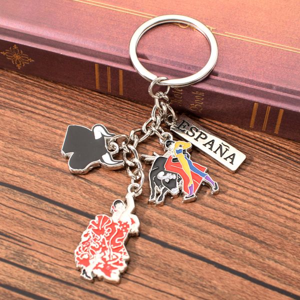 

espaÃ±a bullfighter bull head and dancing girl shape keychain spain style four accessories souvenir key rings for gift, Silver