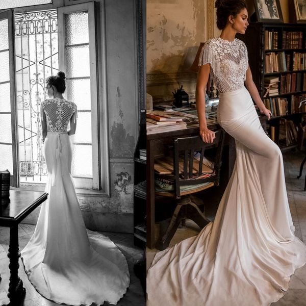 2022 vestidos de casamento sereia trem trem sexy jóia pescoço de volta rendas cetim beading pérola borla vestido de noiva vestidos de noiva