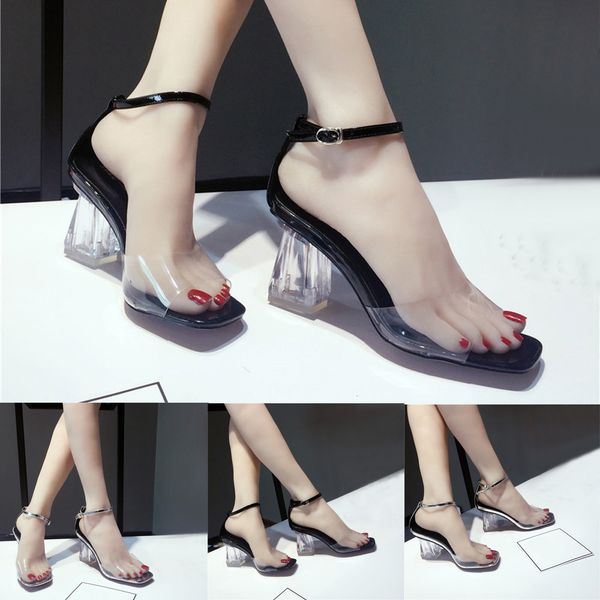 

fashion women transparent sandals ankle high heels block party open toe shoes sapato feminino scarpe donna tacco alto sexy, Black