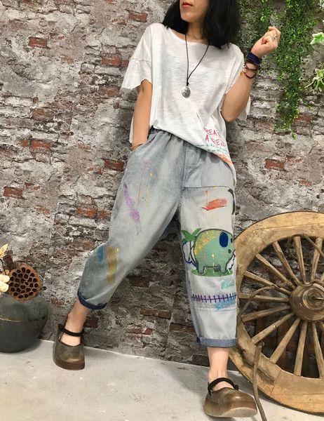

lake blue haroun pants light coloured drawing or pattern female jeans in the summer bk4637