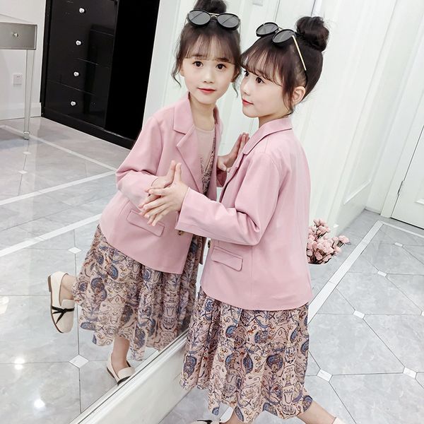 

2019 autumn teenage girls clothing sets blazer+chiffon dress 2 pieces floral, White
