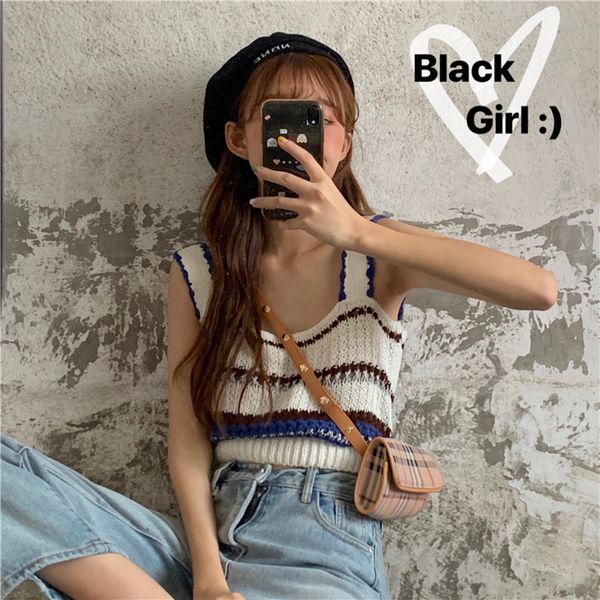 

women's tanks & camis sweet korean style summer clothing fashion sleeveless crop female striped panelled thin knitted vest, White